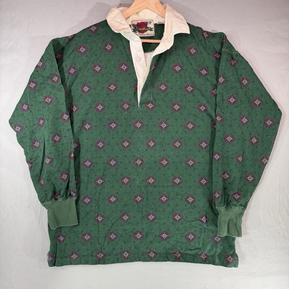 Vintage Eddie Bauer Rugby Polo Shirt Mens Large Green Geometric Shapes 90s
